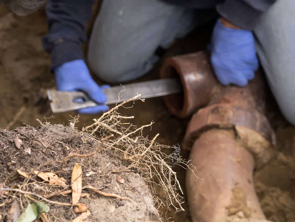 digging tree roots out of old clogged clay ceramic sewer pipe